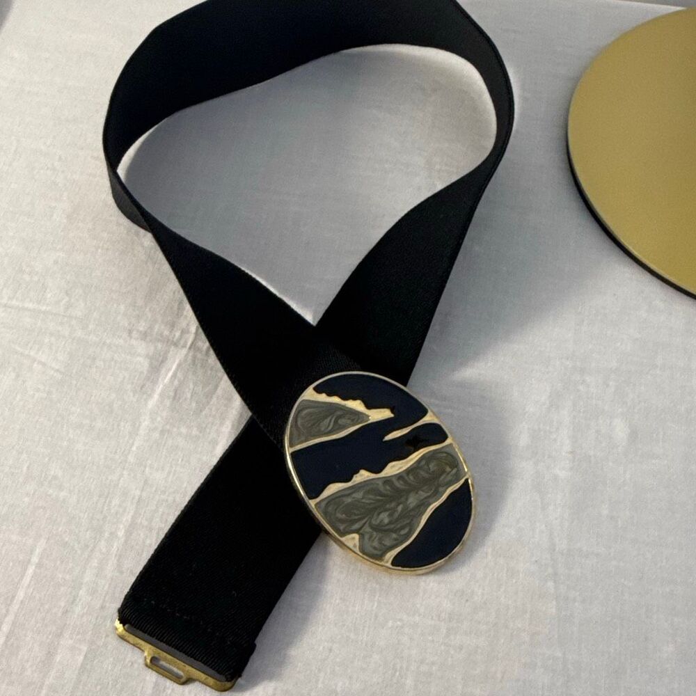 Vintage Nan Lewis Black & Gold Sculptural Enamel Buckle Belt | 1980s Modernist S